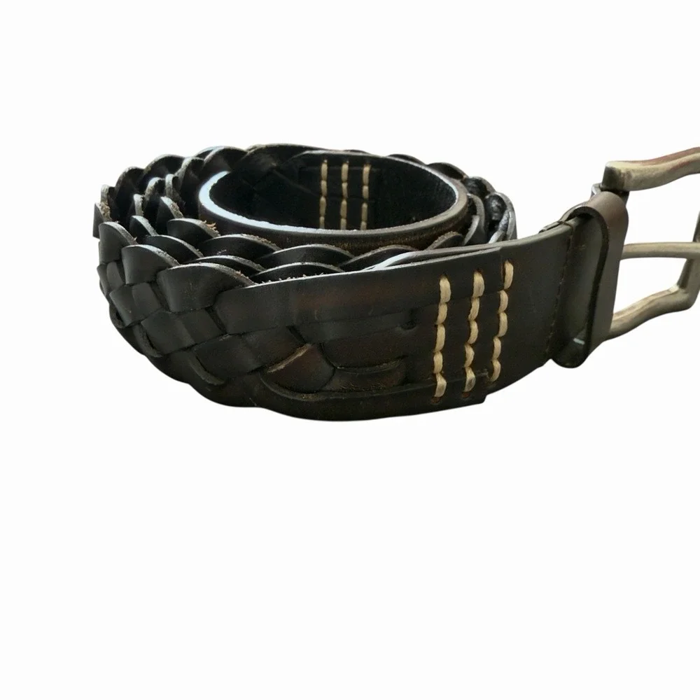 Men's Genuine‎ Leather Braided Belt Dark Brown Size 42 Vintage Style Buckle